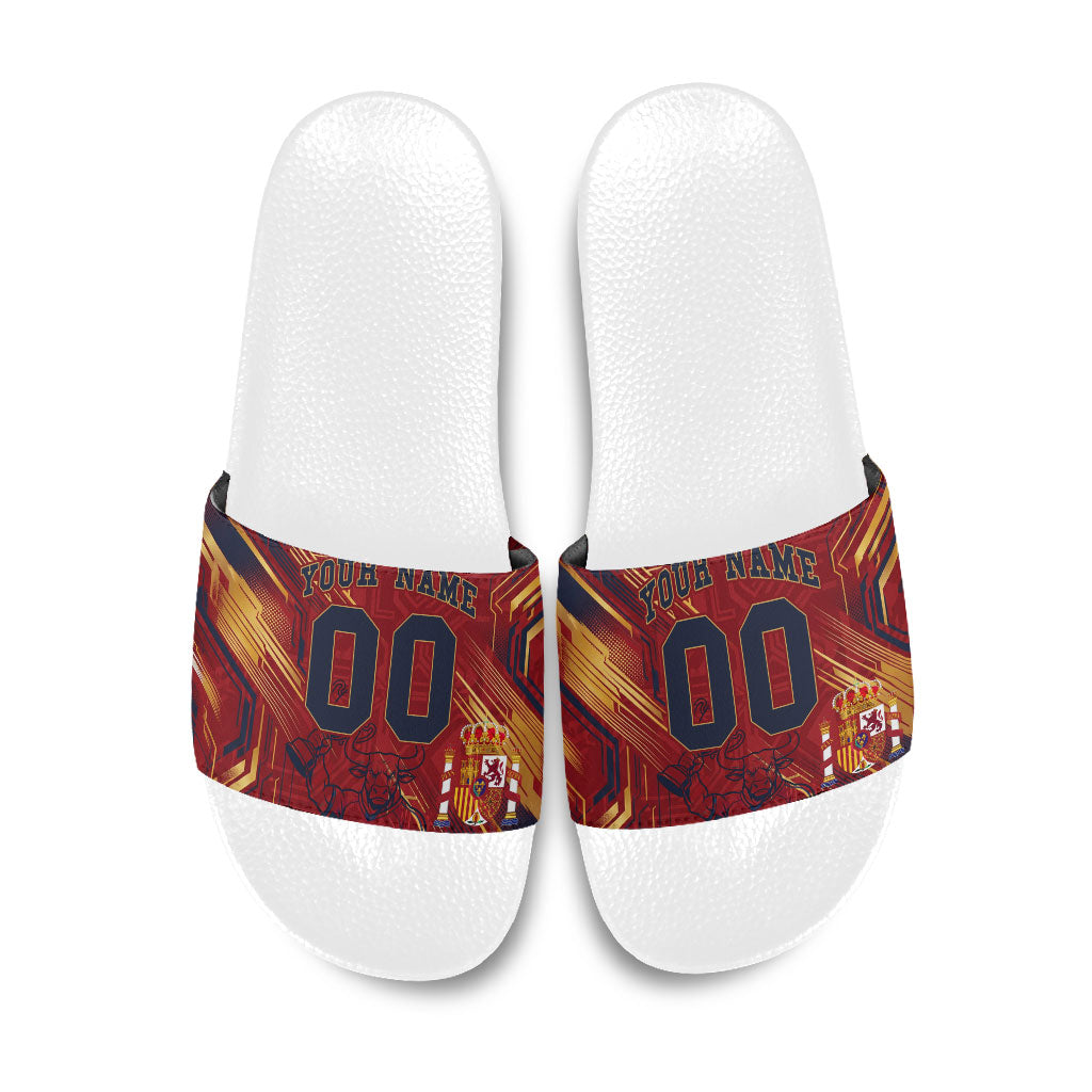 Personalized Spain Football Slide Sandals Spanish Shield Bull Mascot