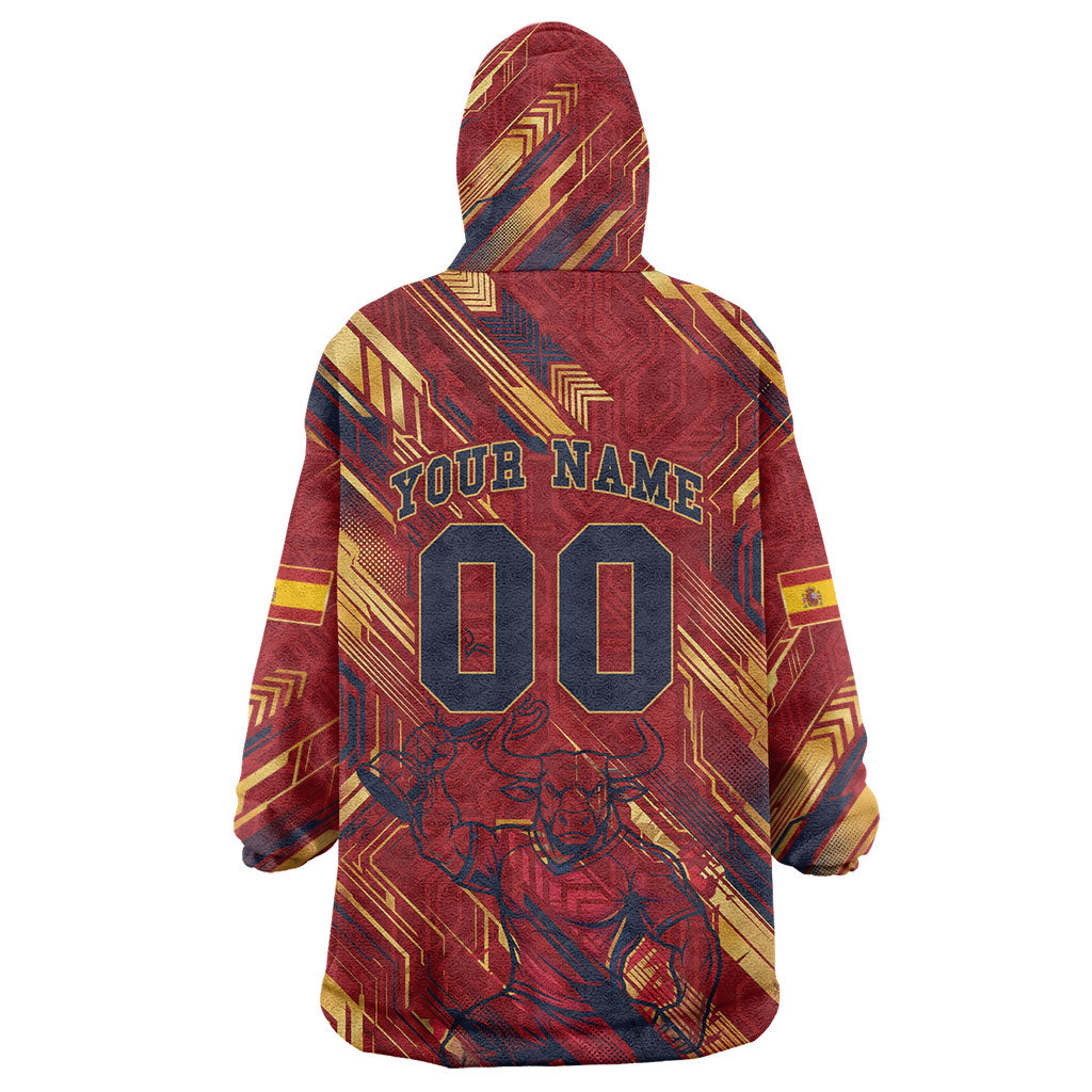 Personalized Spain Football Wearable Blanket Hoodie Spanish Shield Bull Mascot