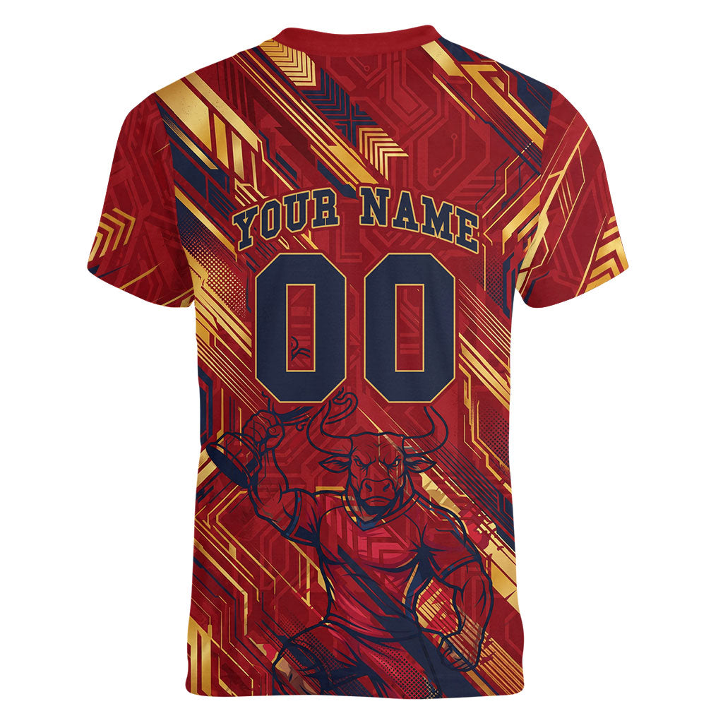 Personalized Spain Football Women V-Neck T-Shirt Spanish Shield Bull Mascot