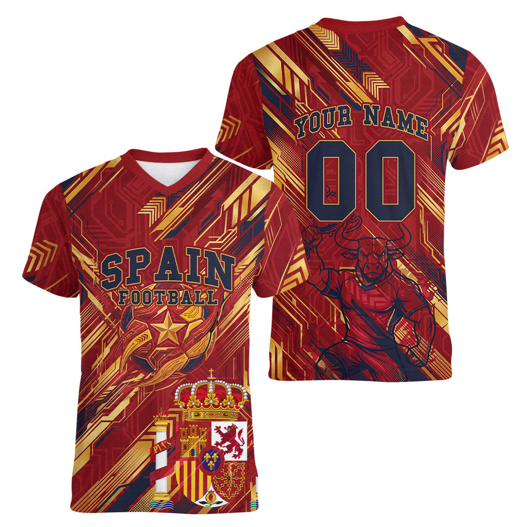 Personalized Spain Football Women V-Neck T-Shirt Spanish Shield Bull Mascot