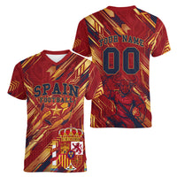 Personalized Spain Football Women V-Neck T-Shirt Spanish Shield Bull Mascot