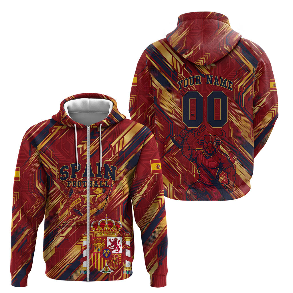 Personalized Spain Football Zip Hoodie Spanish Shield Bull Mascot