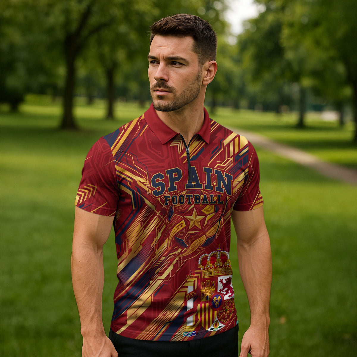 Personalized Spain Football Zipper Polo Shirt Spanish Shield Bull Mascot