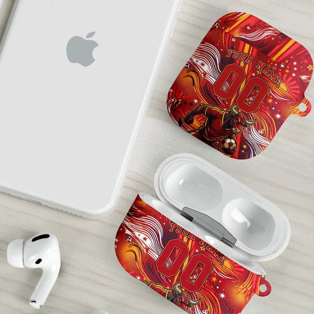 Personalized Spain Football Bull Mascot AirPods Case Dynamic Spanish Sunburst Abstract Flame