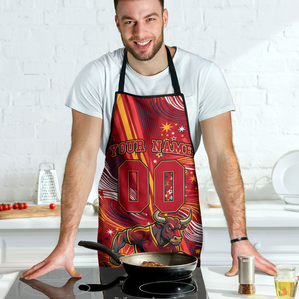 Personalized Spain Football Bull Mascot Apron Dynamic Spanish Sunburst Abstract Flame