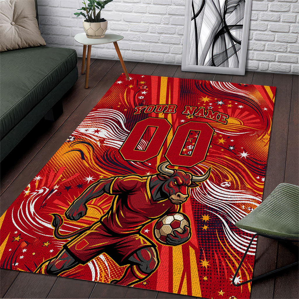 Personalized Spain Football Bull Mascot Area Rug Dynamic Spanish Sunburst Abstract Flame