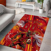 Personalized Spain Football Bull Mascot Area Rug Dynamic Spanish Sunburst Abstract Flame