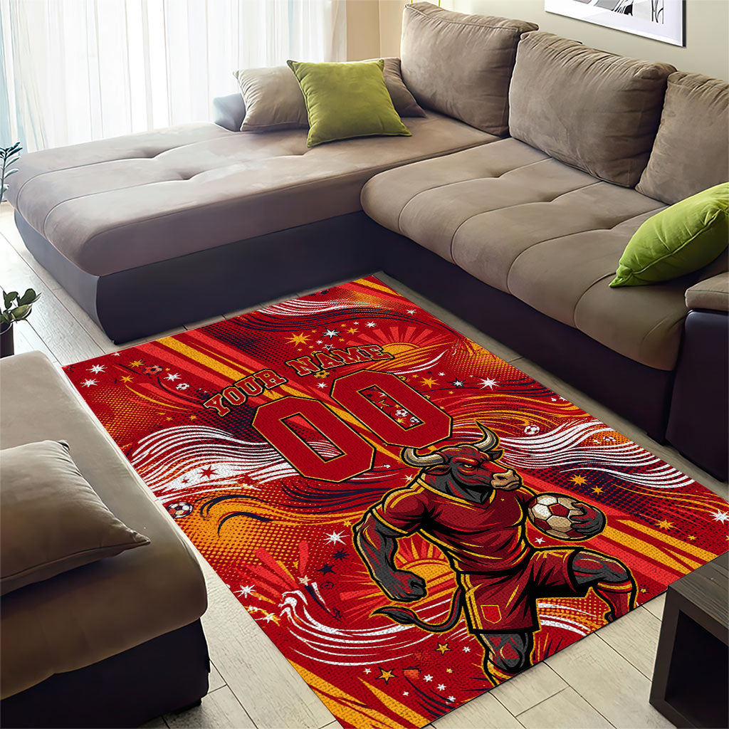 Personalized Spain Football Bull Mascot Area Rug Dynamic Spanish Sunburst Abstract Flame