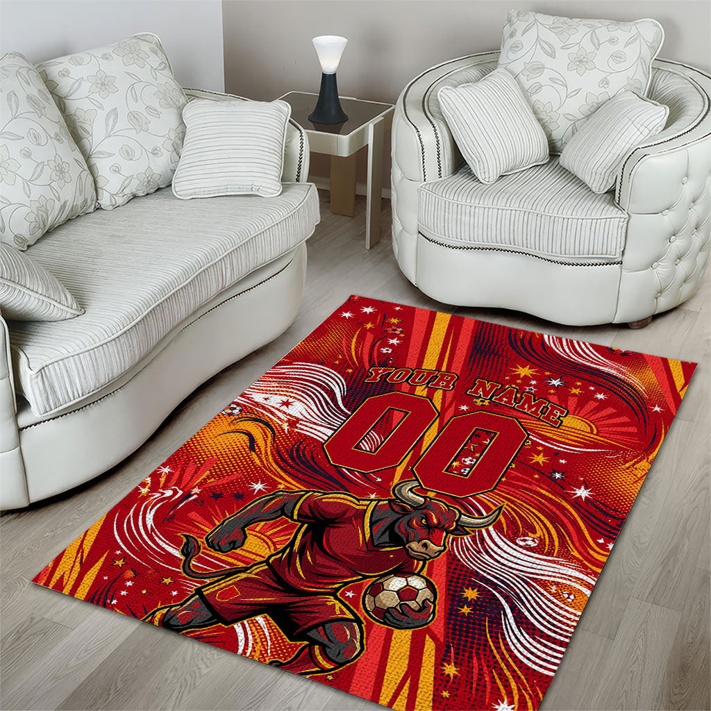 Personalized Spain Football Bull Mascot Area Rug Dynamic Spanish Sunburst Abstract Flame