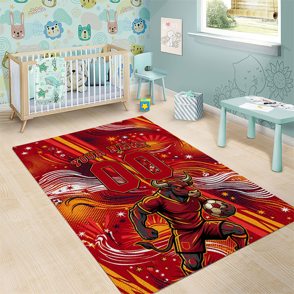 Personalized Spain Football Bull Mascot Area Rug Dynamic Spanish Sunburst Abstract Flame