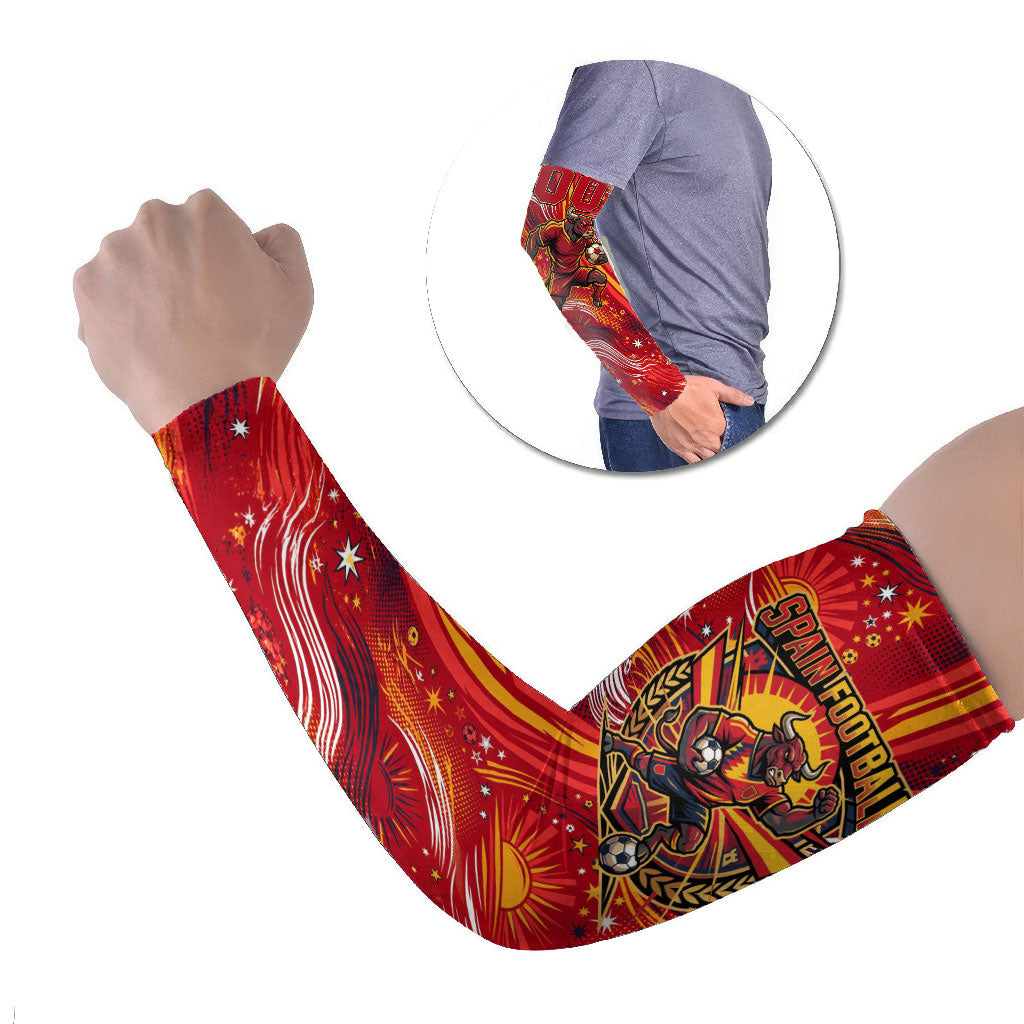 Personalized Spain Football Bull Mascot Arm Sleeves Dynamic Spanish Sunburst Abstract Flame