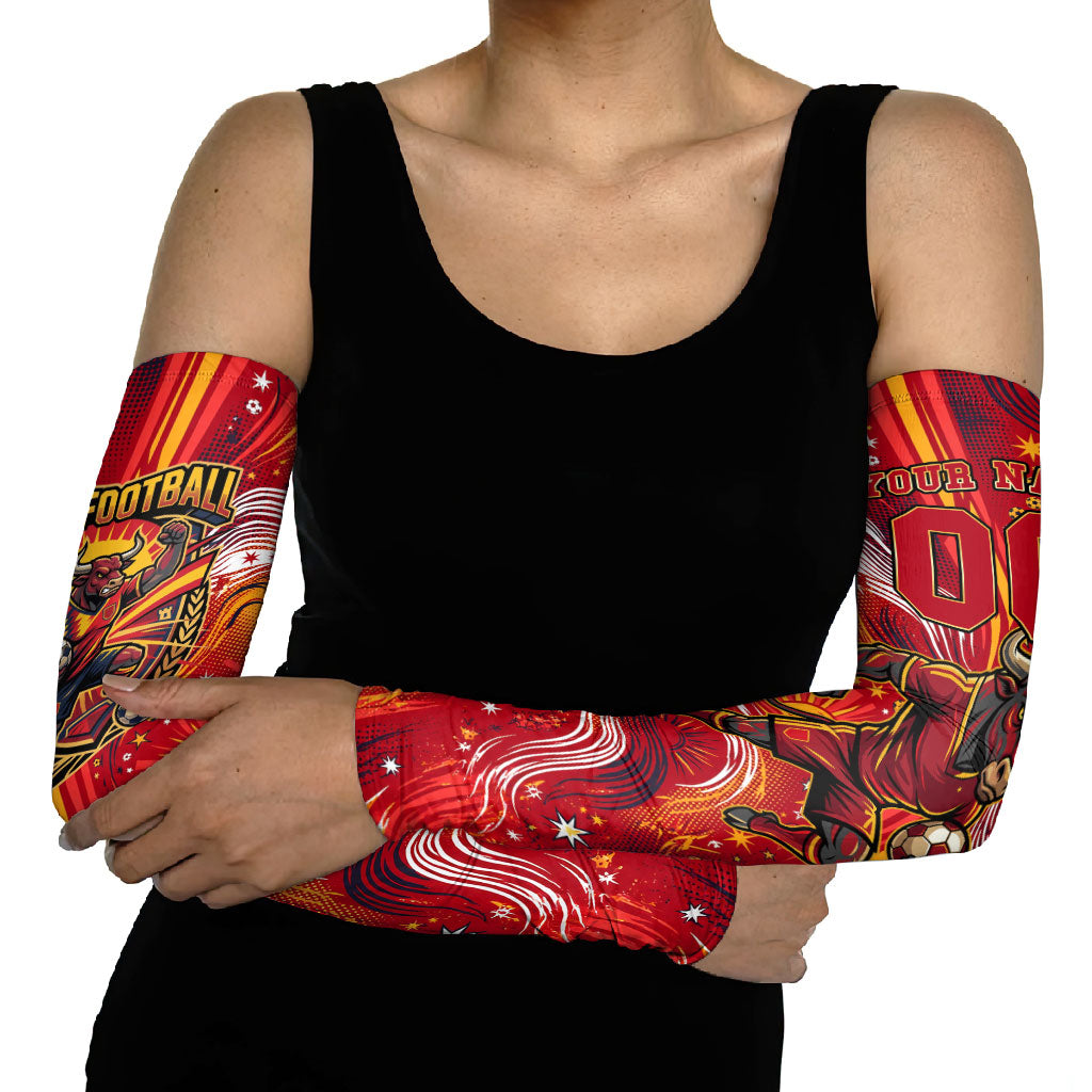 Personalized Spain Football Bull Mascot Arm Sleeves Dynamic Spanish Sunburst Abstract Flame