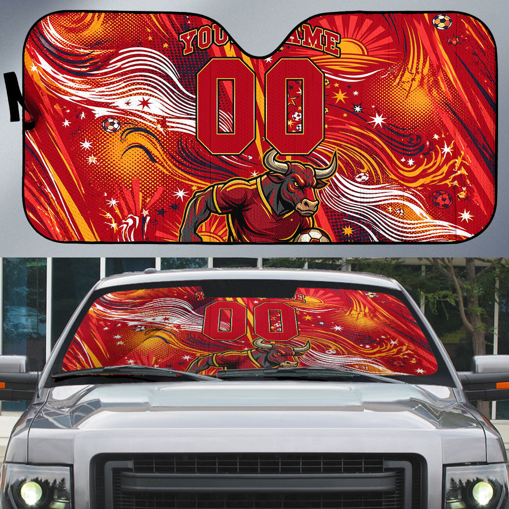 Personalized Spain Football Bull Mascot Auto Sun Shade Dynamic Spanish Sunburst Abstract Flame