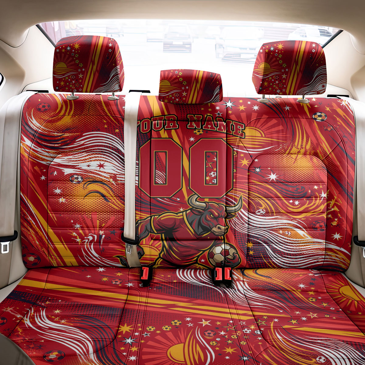 Personalized Spain Football Bull Mascot Back Car Seat Cover Dynamic Spanish Sunburst Abstract Flame