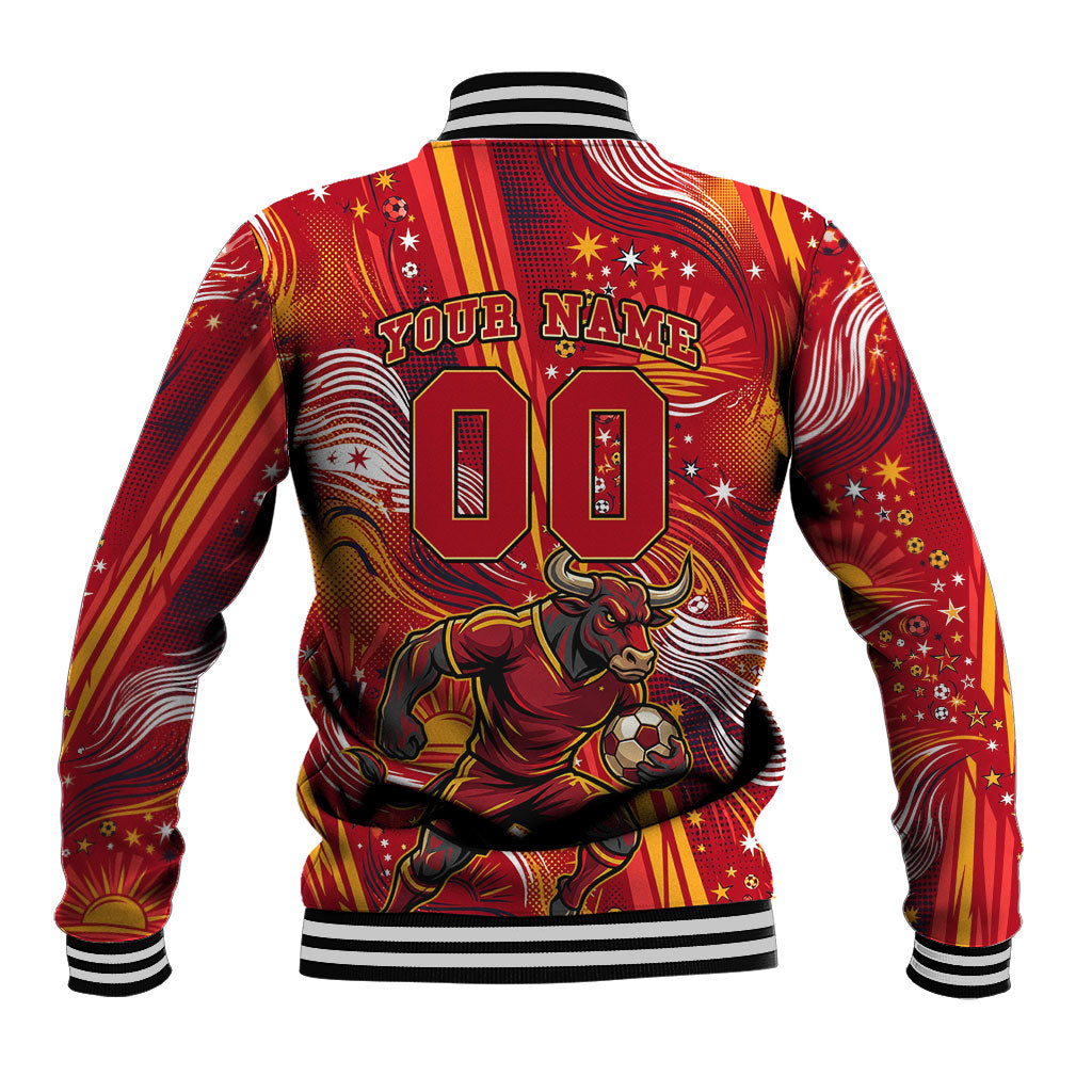 Personalized Spain Football Bull Mascot Baseball Jacket Dynamic Spanish Sunburst Abstract Flame
