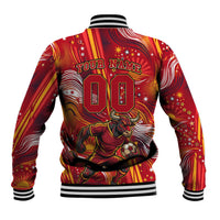 Personalized Spain Football Bull Mascot Baseball Jacket Dynamic Spanish Sunburst Abstract Flame