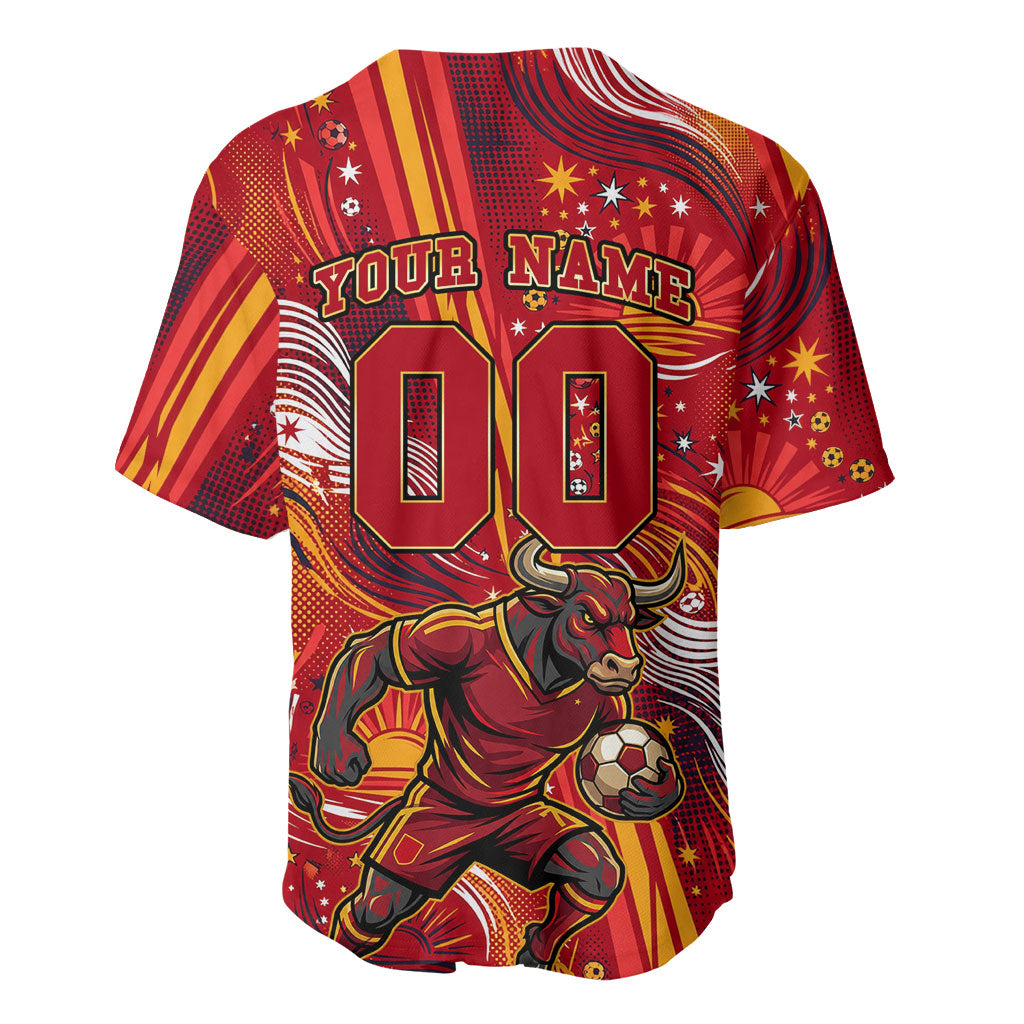 Personalized Spain Football Bull Mascot Baseball Jersey Dynamic Spanish Sunburst Abstract Flame