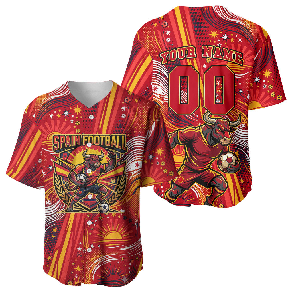 Personalized Spain Football Bull Mascot Baseball Jersey Dynamic Spanish Sunburst Abstract Flame