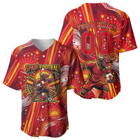 Personalized Spain Football Bull Mascot Baseball Jersey Dynamic Spanish Sunburst Abstract Flame