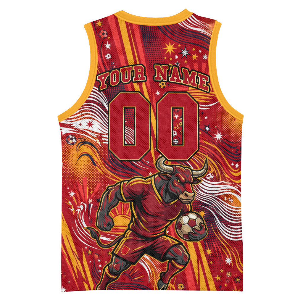Personalized Spain Football Bull Mascot Basketball Jersey Dynamic Spanish Sunburst Abstract Flame