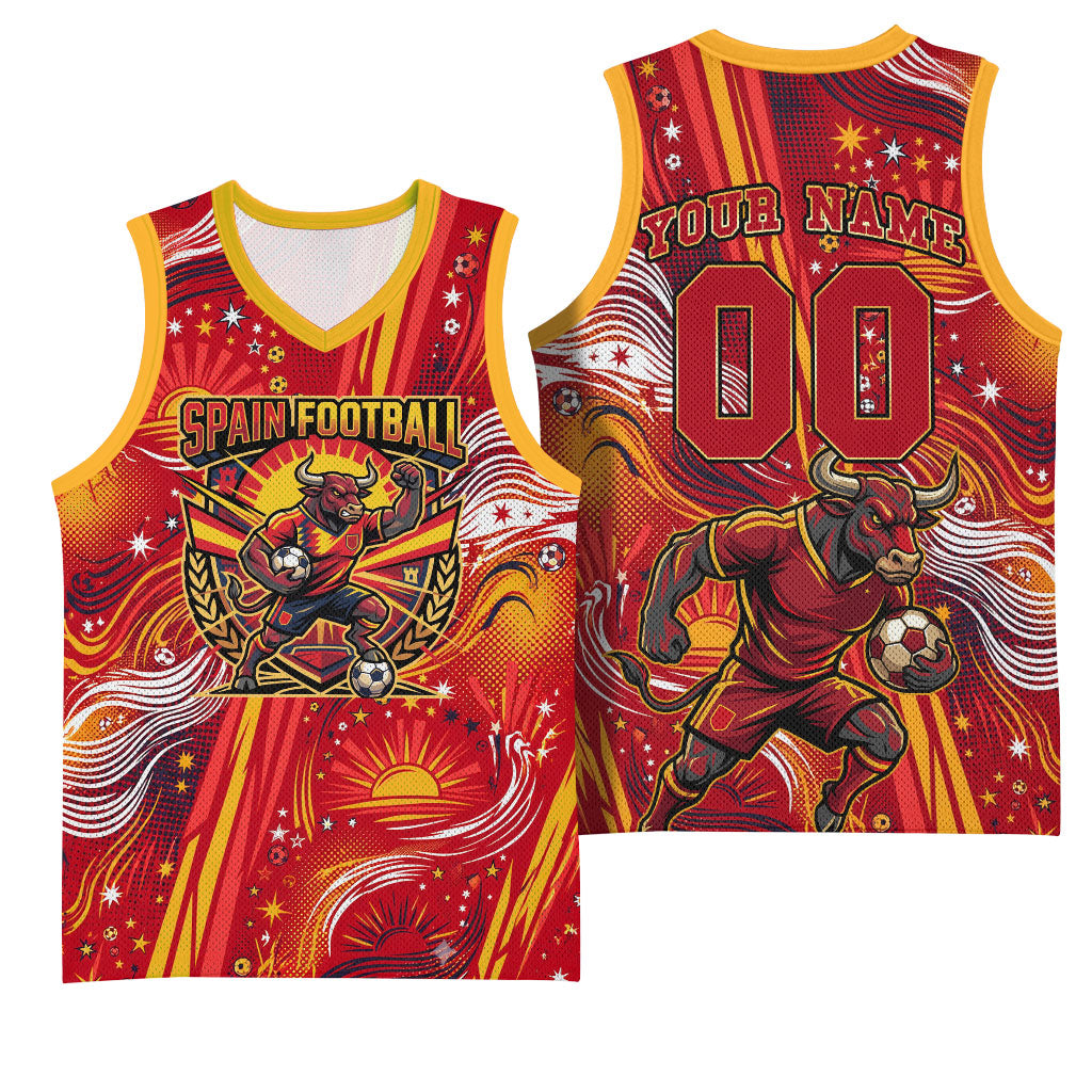 Personalized Spain Football Bull Mascot Basketball Jersey Dynamic Spanish Sunburst Abstract Flame