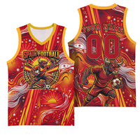 Personalized Spain Football Bull Mascot Basketball Jersey Dynamic Spanish Sunburst Abstract Flame