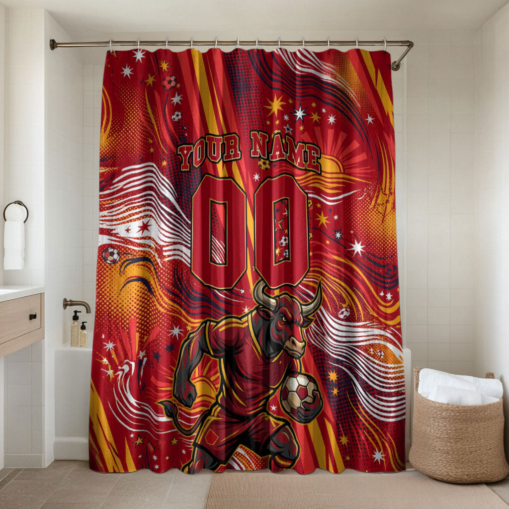 Personalized Spain Football Bull Mascot Bathroom Set Dynamic Spanish Sunburst Abstract Flame
