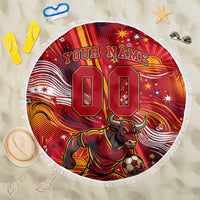 Personalized Spain Football Bull Mascot Beach Blanket Dynamic Spanish Sunburst Abstract Flame