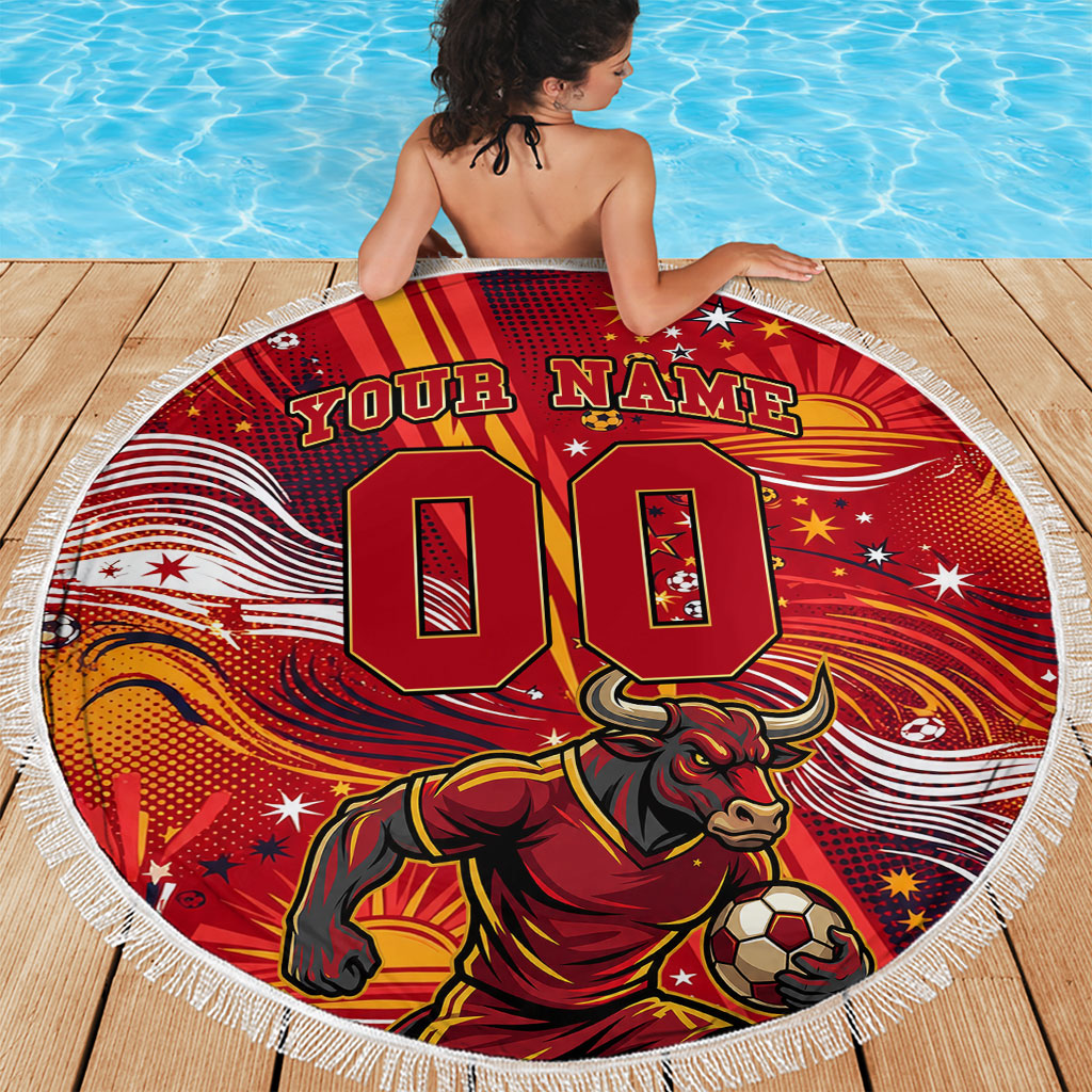 Personalized Spain Football Bull Mascot Beach Blanket Dynamic Spanish Sunburst Abstract Flame