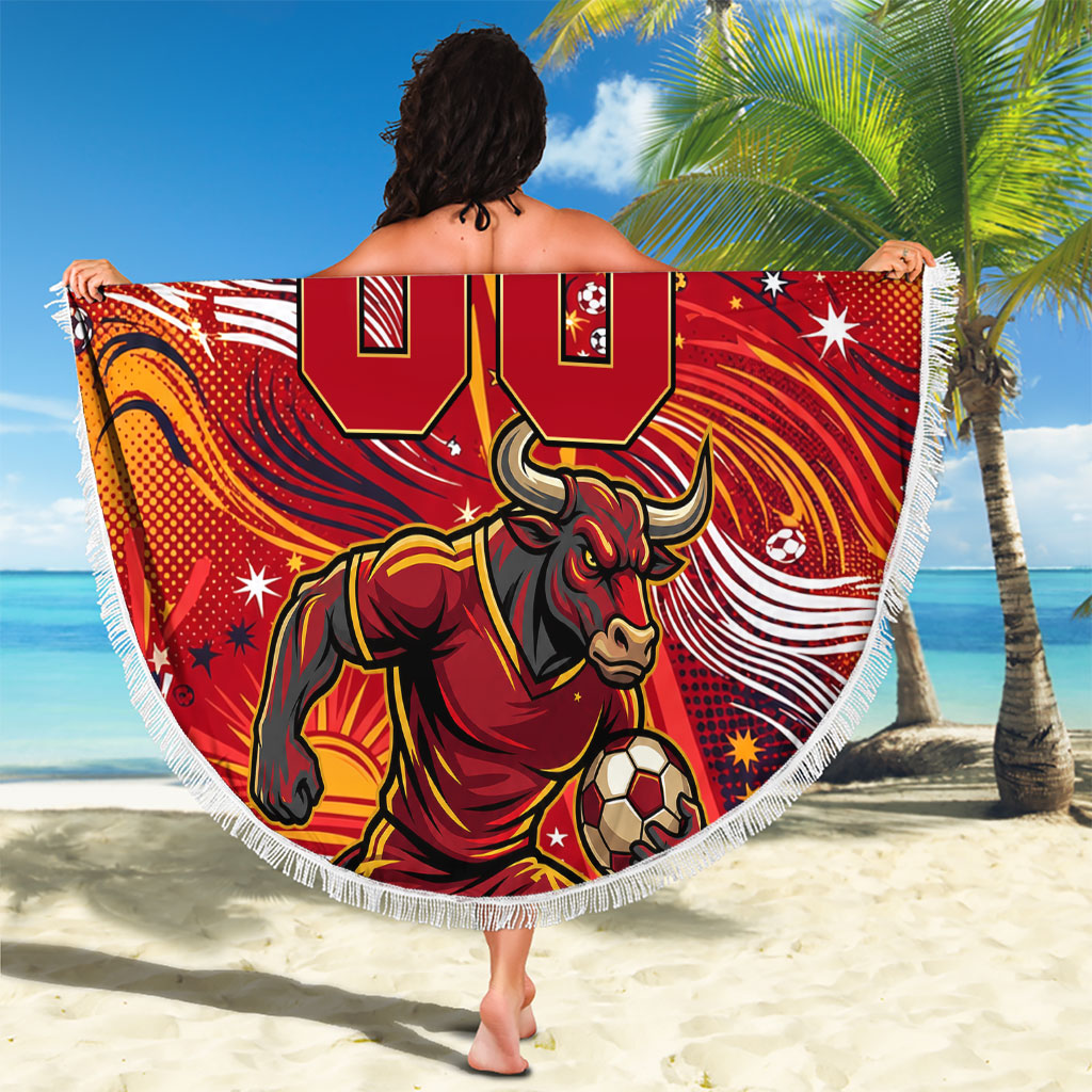 Personalized Spain Football Bull Mascot Beach Blanket Dynamic Spanish Sunburst Abstract Flame