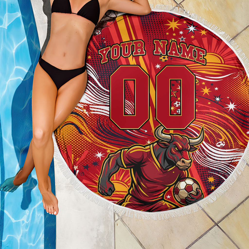 Personalized Spain Football Bull Mascot Beach Blanket Dynamic Spanish Sunburst Abstract Flame