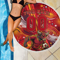 Personalized Spain Football Bull Mascot Beach Blanket Dynamic Spanish Sunburst Abstract Flame