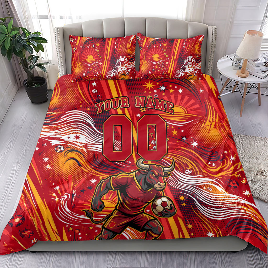 Personalized Spain Football Bull Mascot Bedding Set Dynamic Spanish Sunburst Abstract Flame