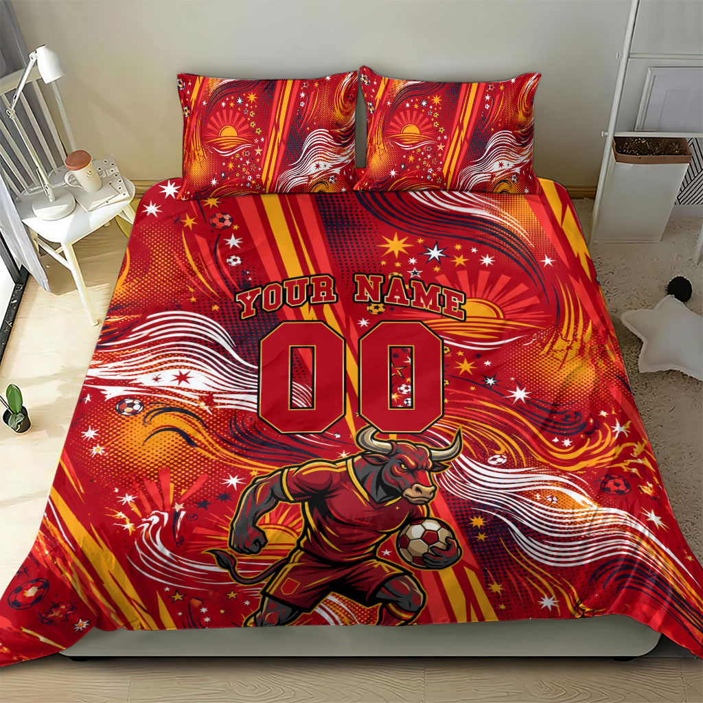 Personalized Spain Football Bull Mascot Bedding Set Dynamic Spanish Sunburst Abstract Flame
