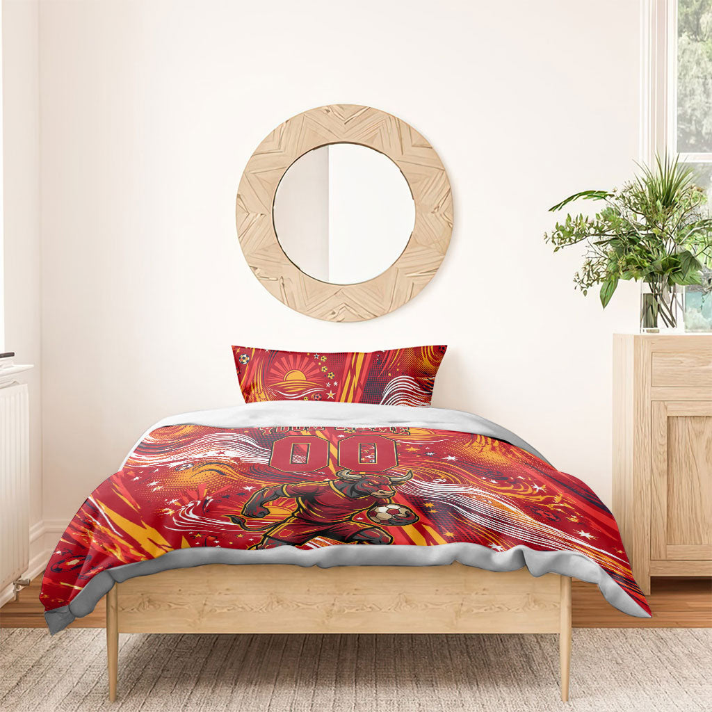 Personalized Spain Football Bull Mascot Bedding Set Dynamic Spanish Sunburst Abstract Flame