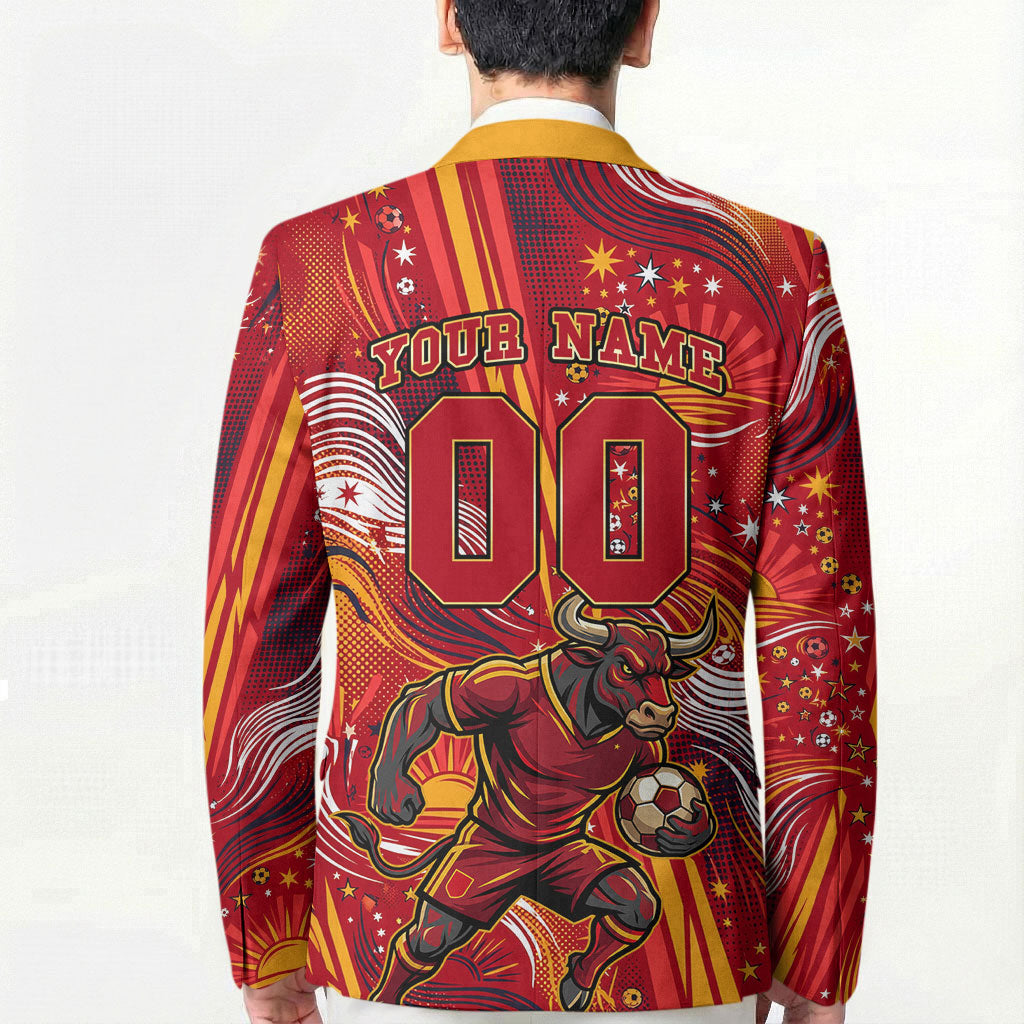 Personalized Spain Football Bull Mascot Blazer Dynamic Spanish Sunburst Abstract Flame