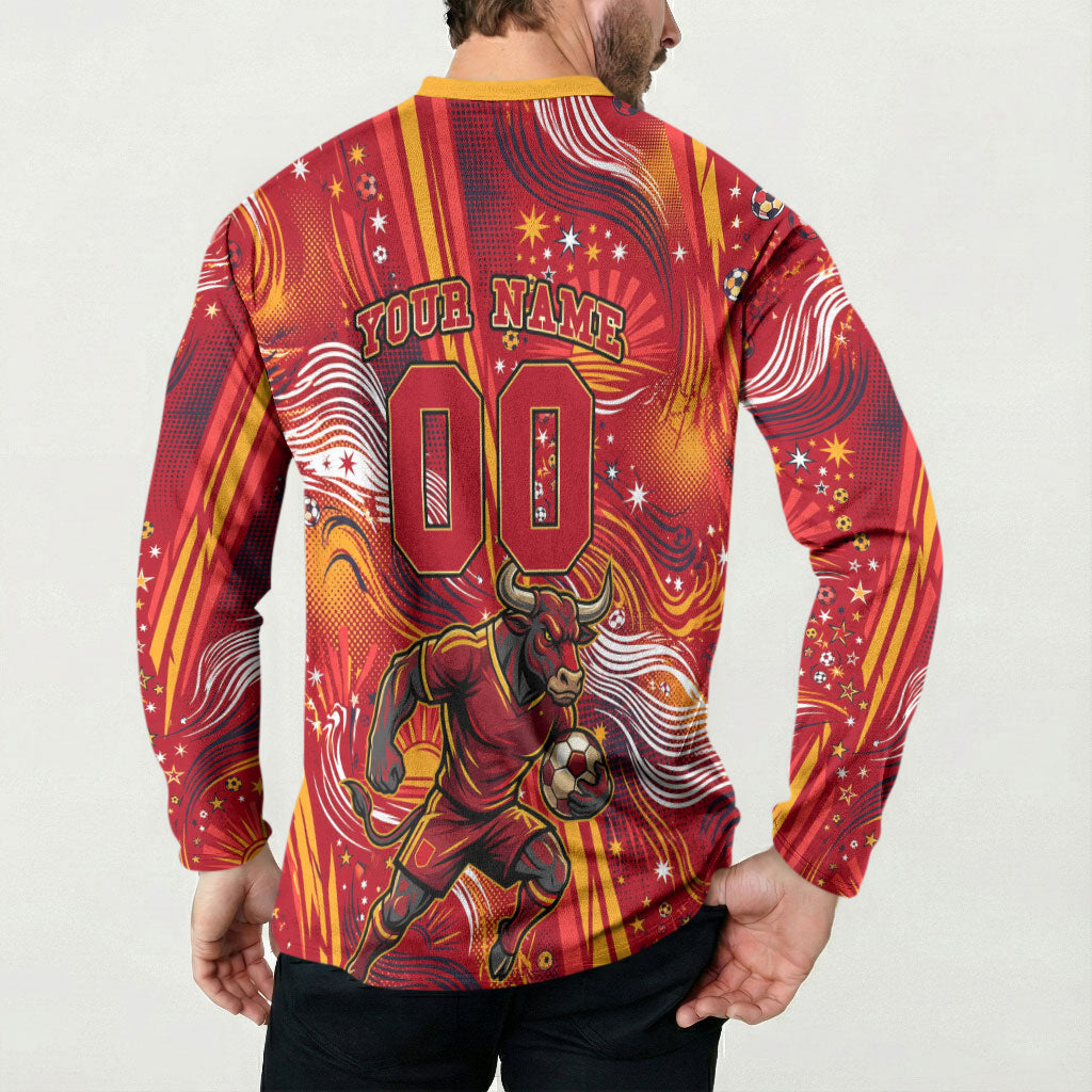 Personalized Spain Football Bull Mascot Button Sweatshirt Dynamic Spanish Sunburst Abstract Flame