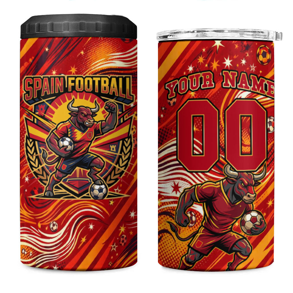 Personalized Spain Football Bull Mascot 4 in 1 Can Cooler Tumbler Dynamic Spanish Sunburst Abstract Flame