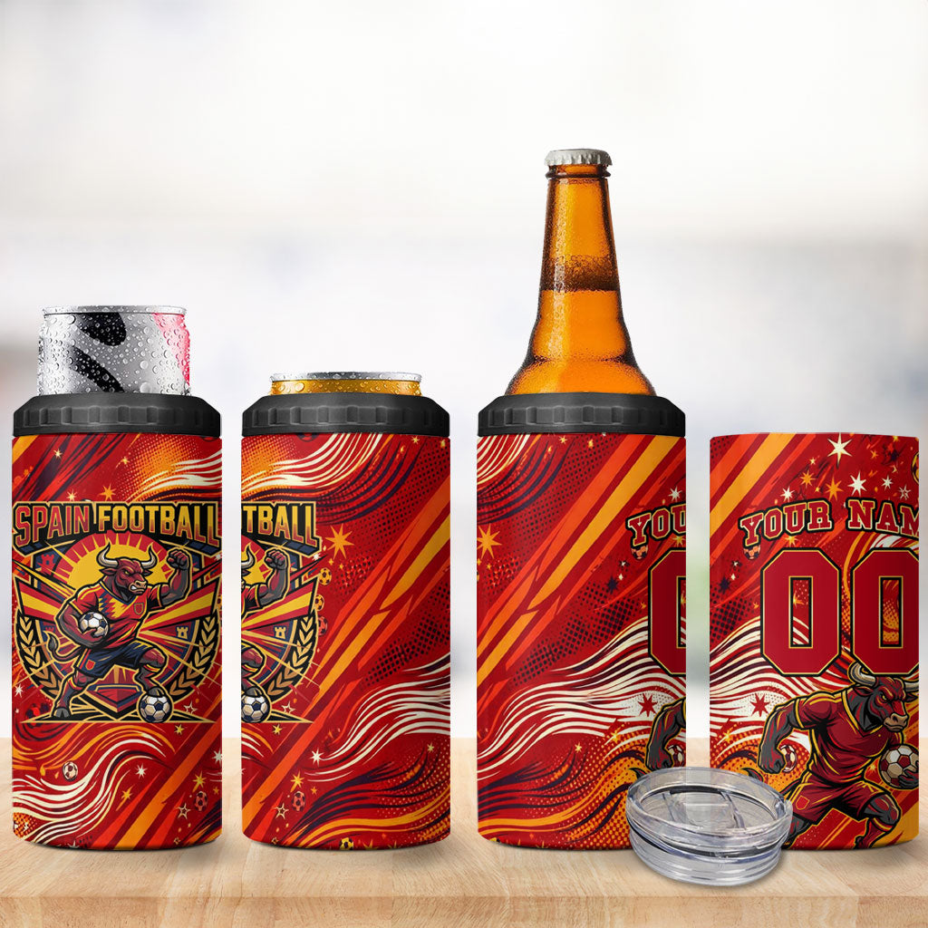Personalized Spain Football Bull Mascot 4 in 1 Can Cooler Tumbler Dynamic Spanish Sunburst Abstract Flame