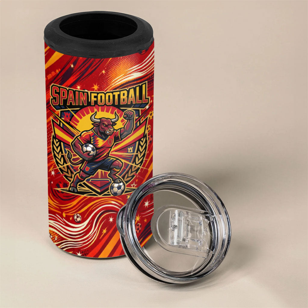 Personalized Spain Football Bull Mascot 4 in 1 Can Cooler Tumbler Dynamic Spanish Sunburst Abstract Flame