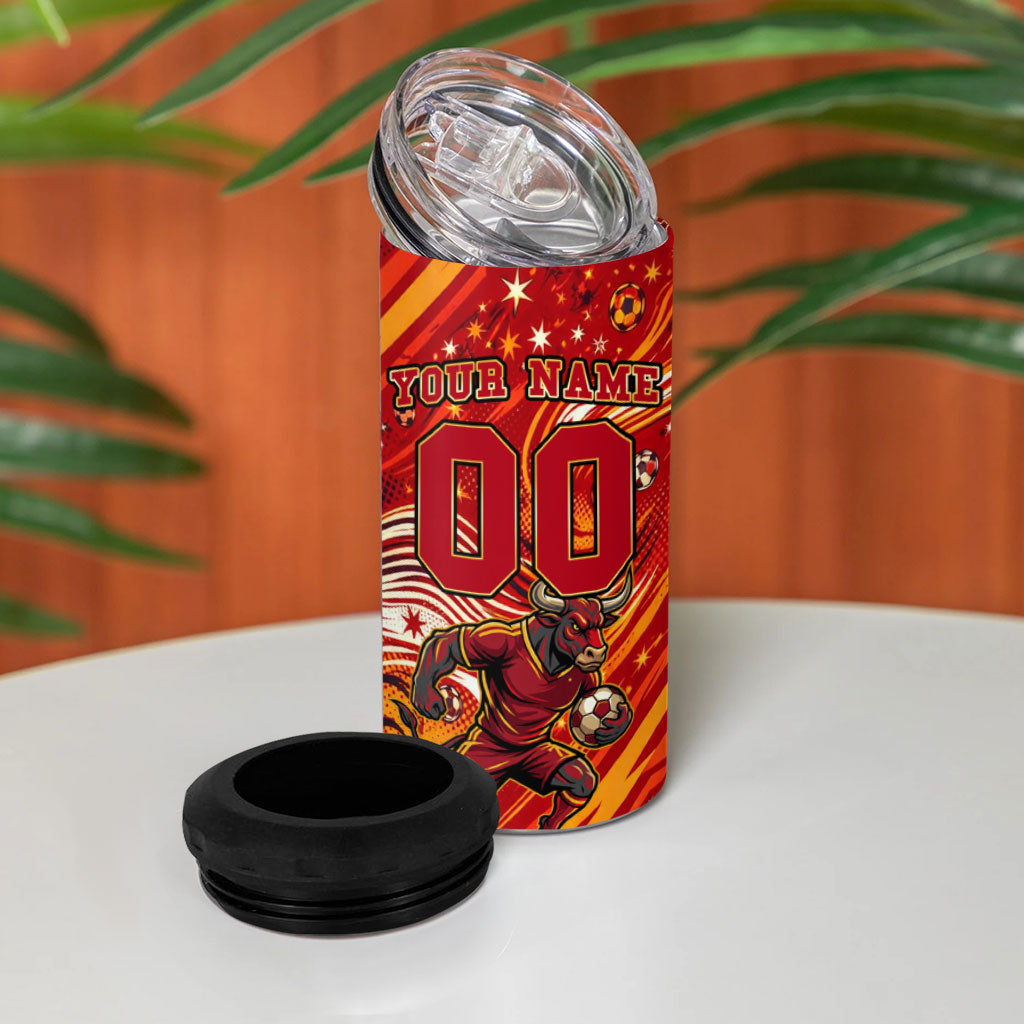 Personalized Spain Football Bull Mascot 4 in 1 Can Cooler Tumbler Dynamic Spanish Sunburst Abstract Flame