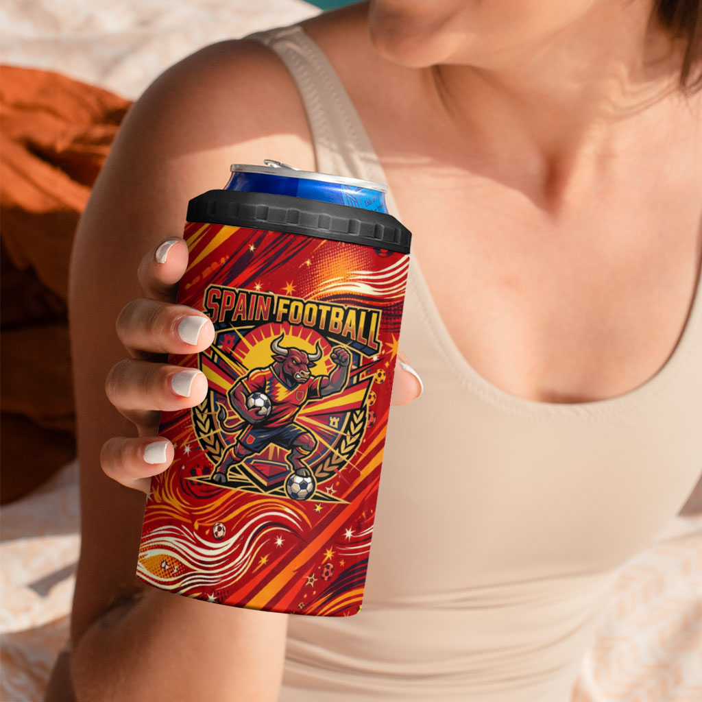 Personalized Spain Football Bull Mascot 4 in 1 Can Cooler Tumbler Dynamic Spanish Sunburst Abstract Flame