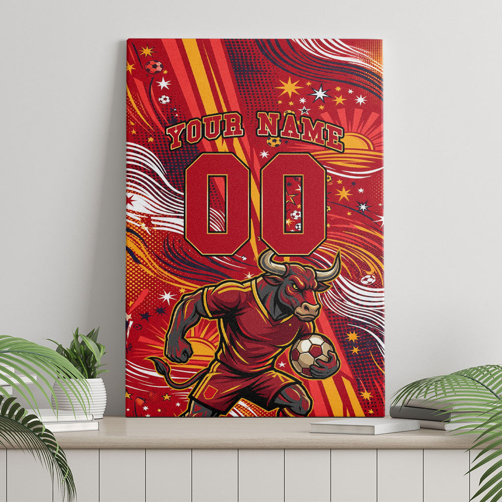 Personalized Spain Football Bull Mascot Canvas Wall Art Dynamic Spanish Sunburst Abstract Flame