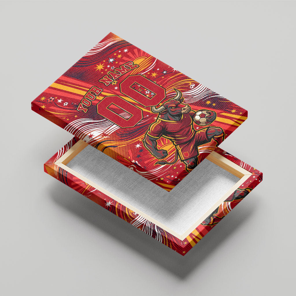 Personalized Spain Football Bull Mascot Canvas Wall Art Dynamic Spanish Sunburst Abstract Flame