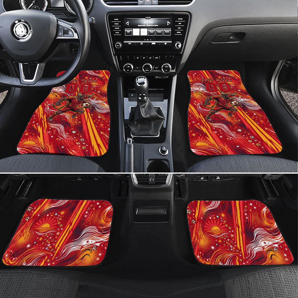 Personalized Spain Football Bull Mascot Car Mats Dynamic Spanish Sunburst Abstract Flame