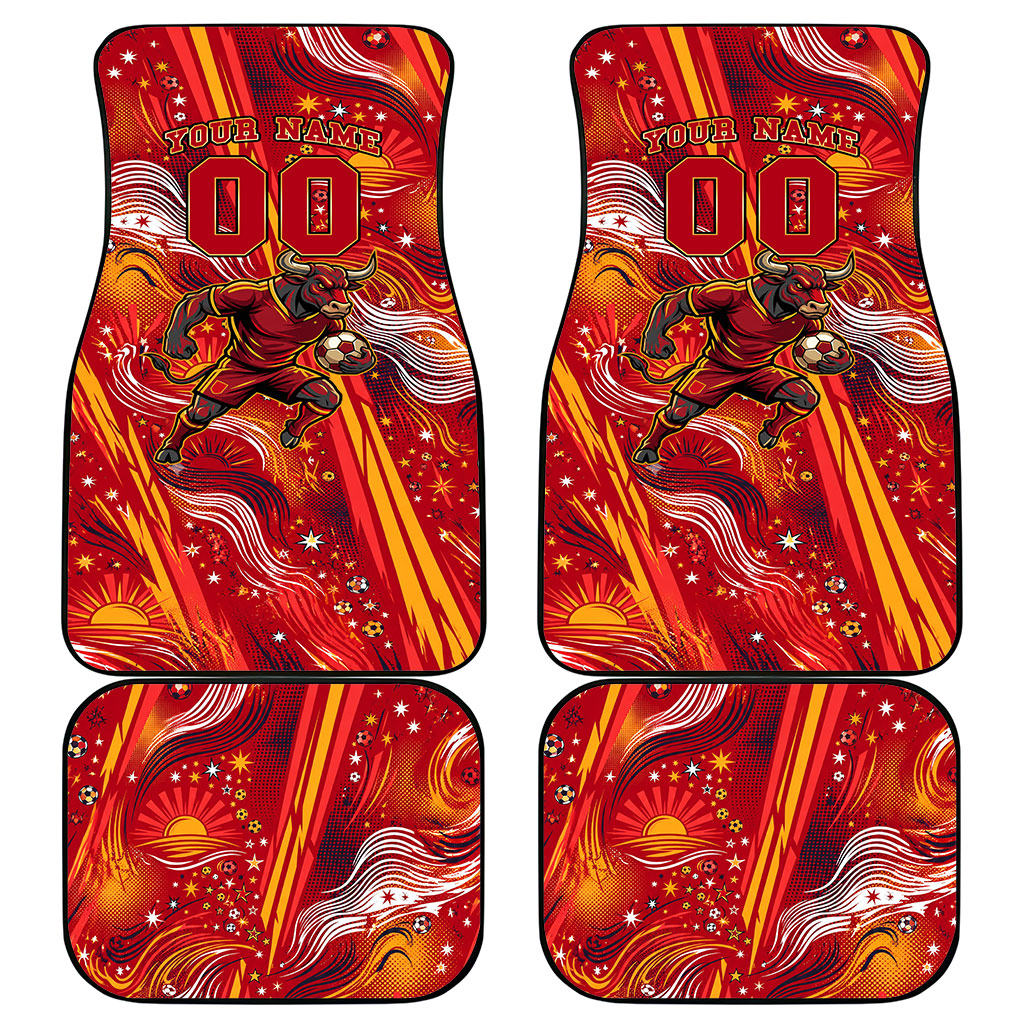 Personalized Spain Football Bull Mascot Car Mats Dynamic Spanish Sunburst Abstract Flame