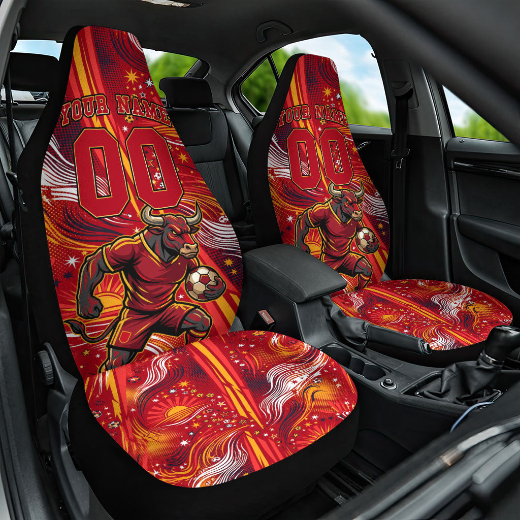 Personalized Spain Football Bull Mascot Car Seat Cover Dynamic Spanish Sunburst Abstract Flame