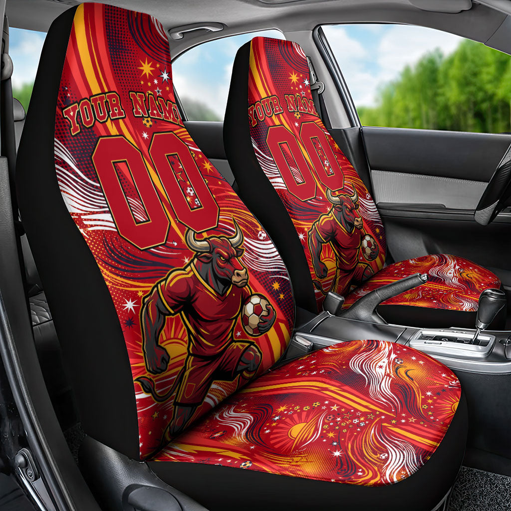 Personalized Spain Football Bull Mascot Car Seat Cover Dynamic Spanish Sunburst Abstract Flame