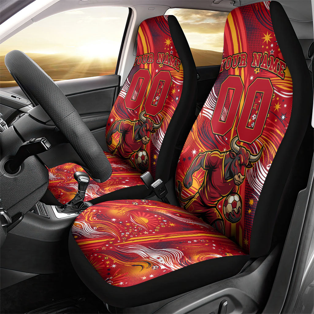 Personalized Spain Football Bull Mascot Car Seat Cover Dynamic Spanish Sunburst Abstract Flame