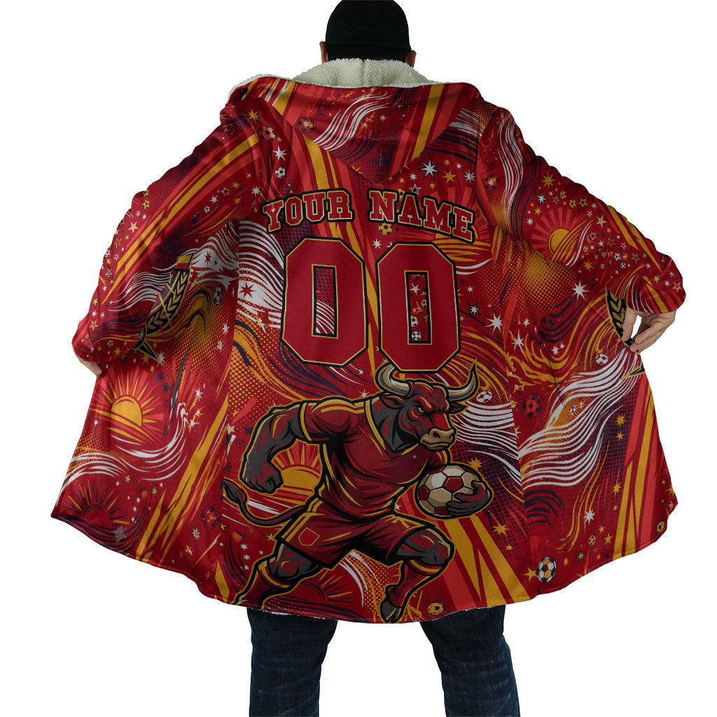 Personalized Spain Football Bull Mascot Cloak Dynamic Spanish Sunburst Abstract Flame